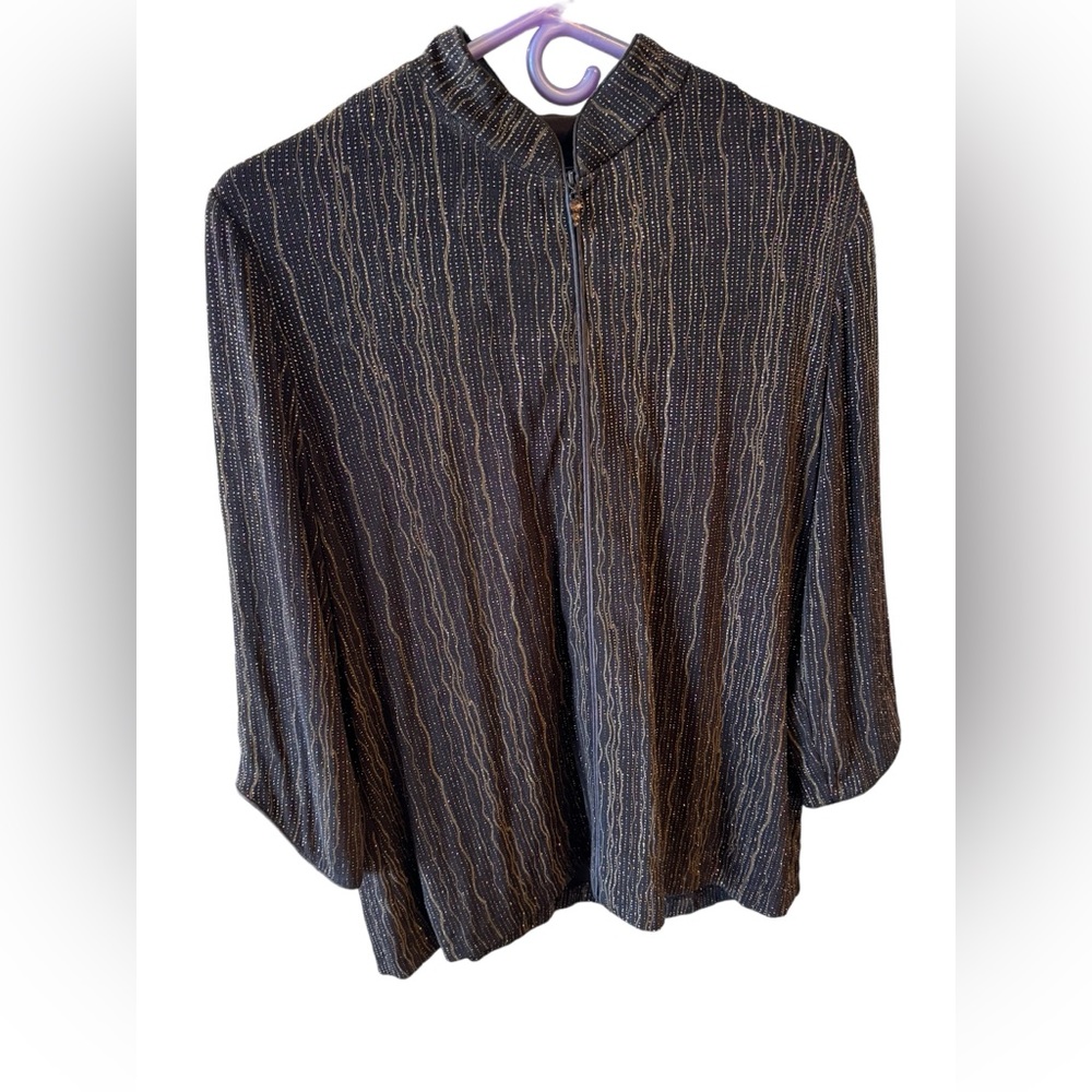 Alex Evenings Brown and Gold Shimmer Striped Zip Front Occasion Blazer Large‎